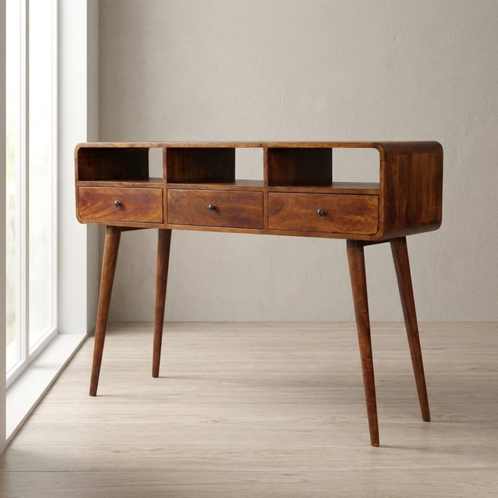 Triple Curved Chestnut Console Table - Solid Mango Wood Hallway Console for Entryway - main view showing handcrafted...