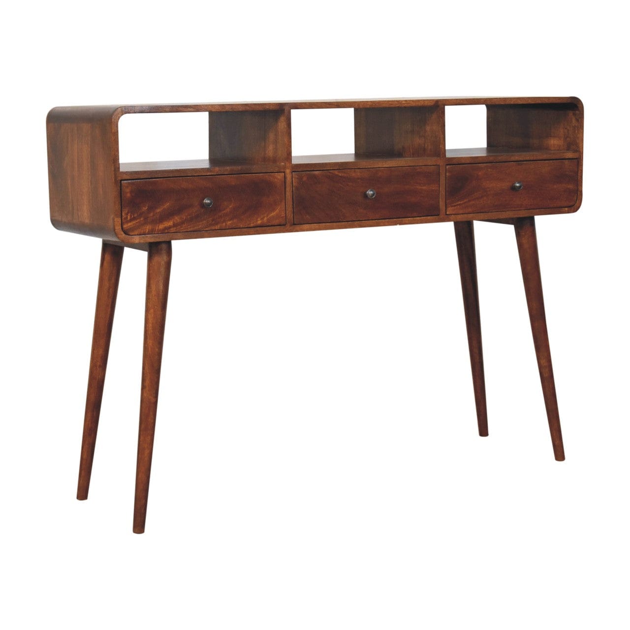 Triple Curved Chestnut Console Table - Solid Mango Wood Hallway Console for Entryway - product view 3 showing handcrafted...