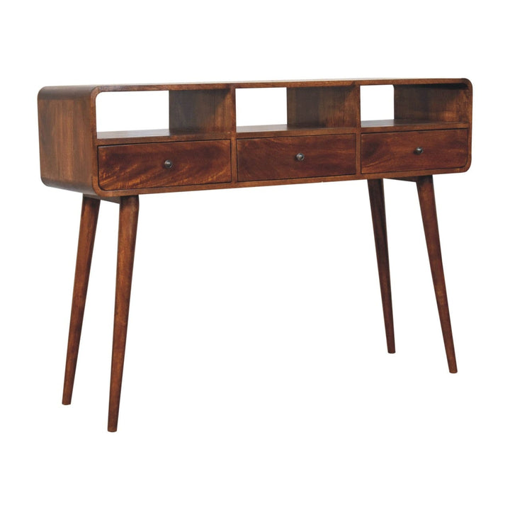 Triple Curved Chestnut Console Table - Solid Mango Wood Hallway Console for Entryway - product view 3 showing handcrafted...