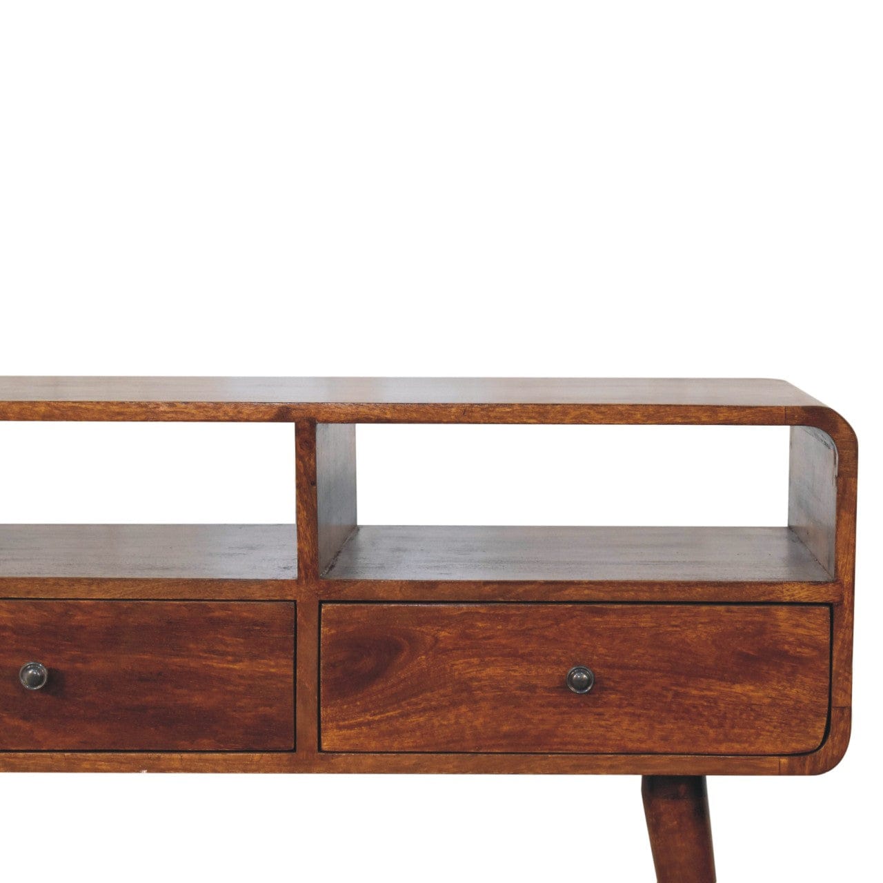 Triple Curved Chestnut Console Table - Solid Mango Wood Hallway Console for Entryway - product view 5 showing handcrafted...