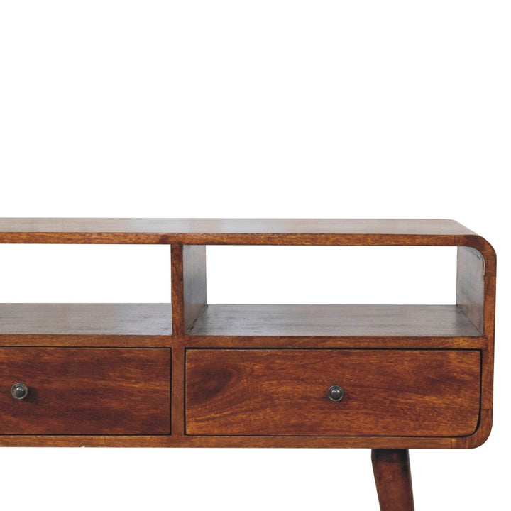 Triple Curved Chestnut Console Table - Solid Mango Wood Hallway Console for Entryway - product view 5 showing handcrafted...