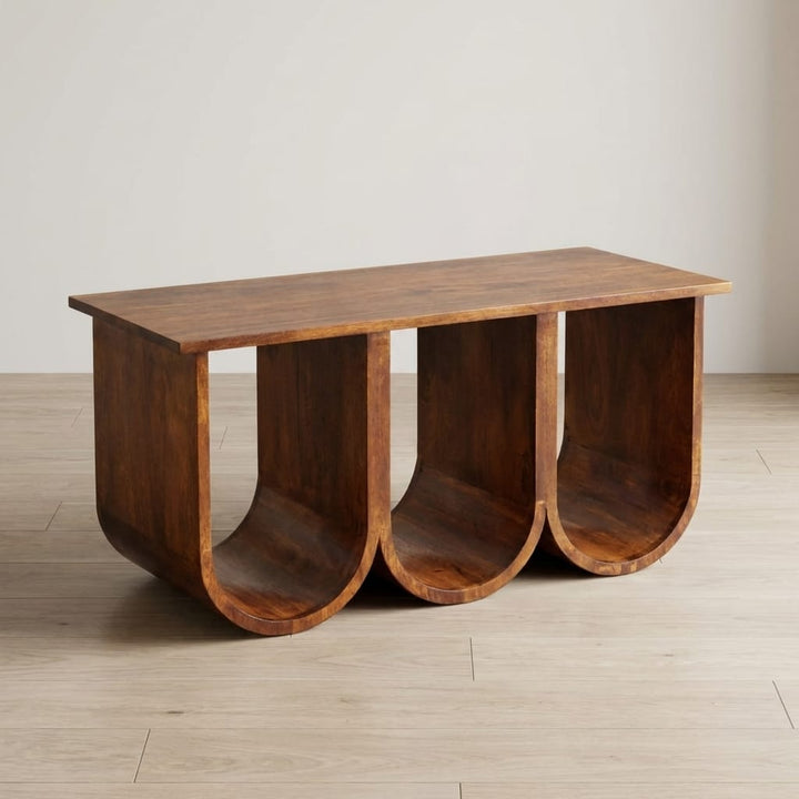 Triple Open Style Coffee Table - Solid Mango Wood Center Table for Living Room - main view showing handcrafted solid...