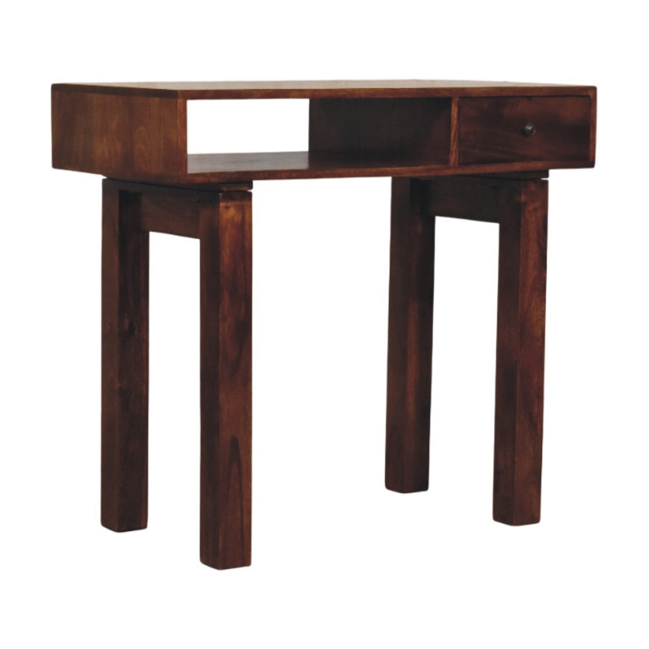 Tula 1 Drawer Chestnut Writing Desk - Solid Mango Wood Writing Table for Home Office - product view 2 showing handcrafted...
