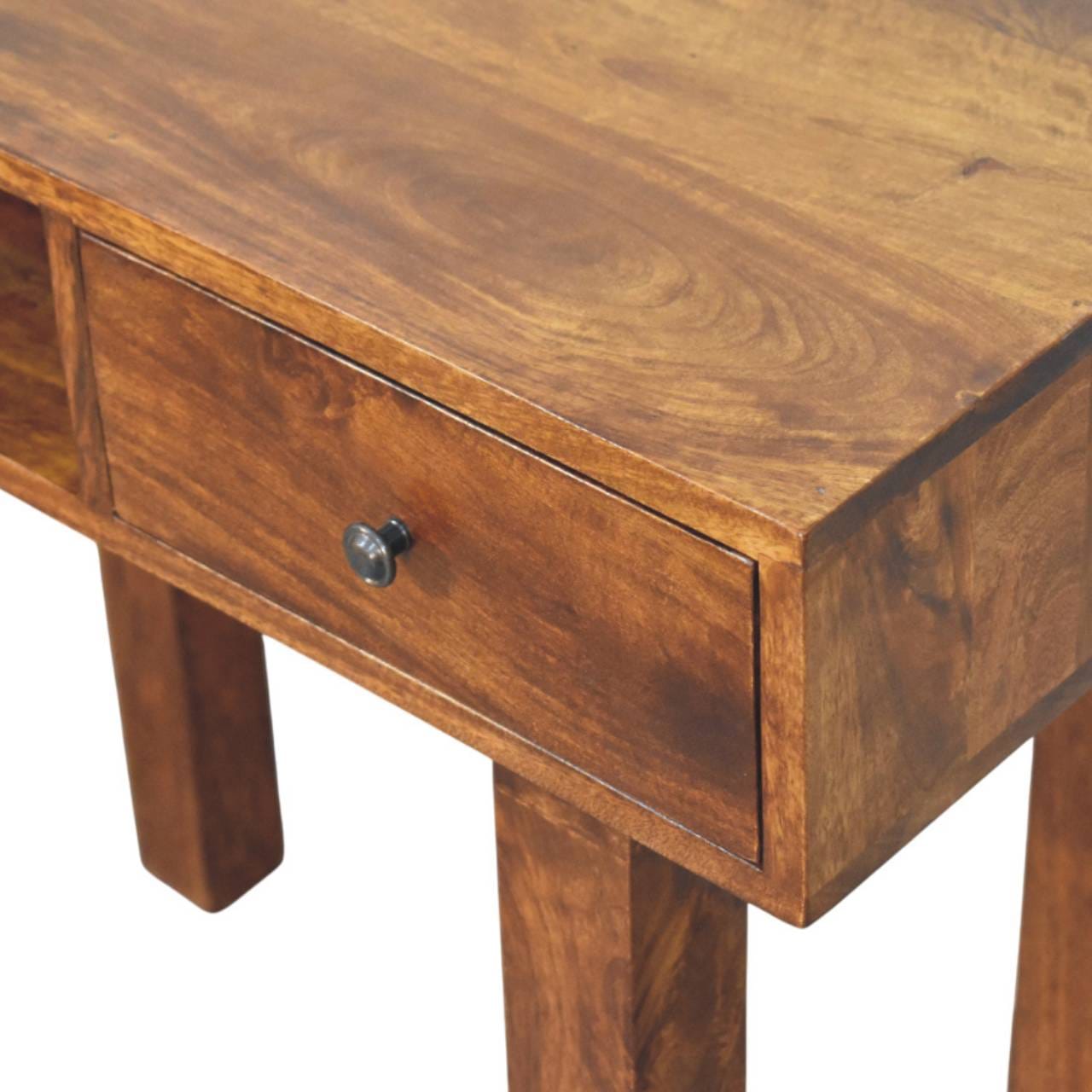 Tula 1 Drawer Chestnut Writing Desk - Solid Mango Wood Writing Table for Home Office - product view 4 showing handcrafted...