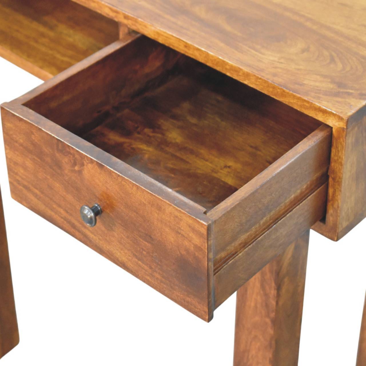 Tula 1 Drawer Chestnut Writing Desk - Solid Mango Wood Writing Table for Home Office - product view 5 showing handcrafted...