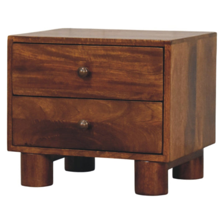 Tula 2 Drawer Chestnut Nightstand - Solid Mango Wood Bedside Table for Bedroom - product view 2 showing handcrafted solid...