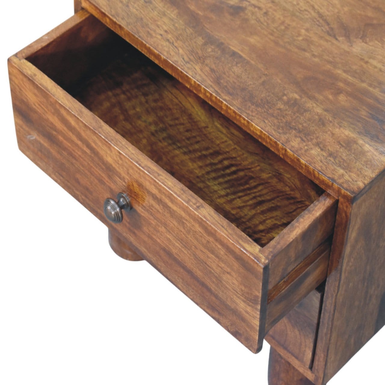 Tula 2 Drawer Chestnut Nightstand - Solid Mango Wood Bedside Table for Bedroom - product view 5 showing handcrafted solid...