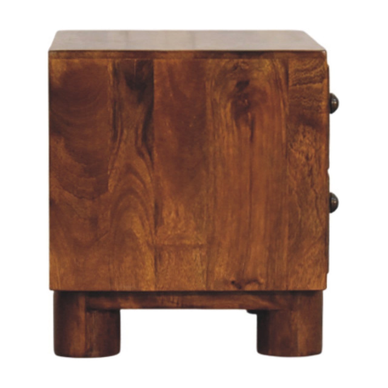 Tula 2 Drawer Chestnut Nightstand - Solid Mango Wood Bedside Table for Bedroom - product view 7 showing handcrafted solid...