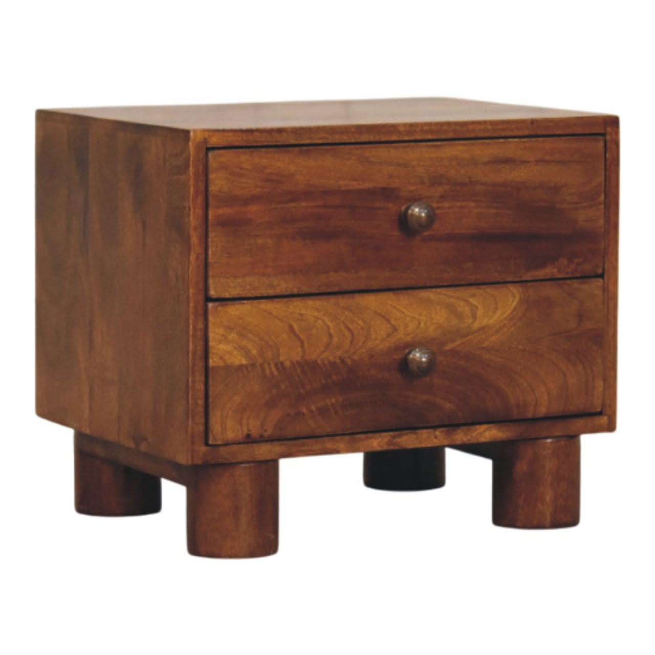 Tula 2 Drawer Chestnut Nightstand - Solid Mango Wood Bedside Table for Bedroom - product view 3 showing handcrafted solid...