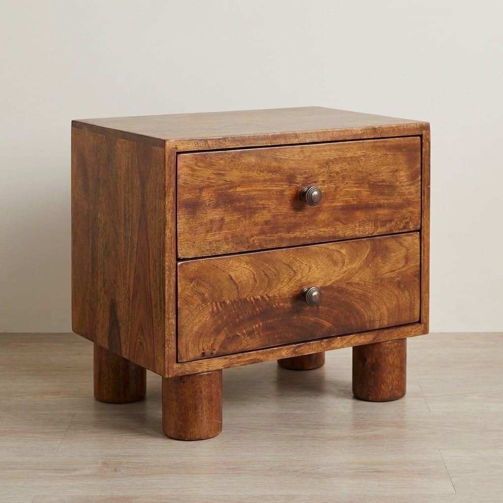 Tula 2 Drawer Chestnut Nightstand - Solid Mango Wood Bedside Table for Bedroom - main view showing handcrafted solid...