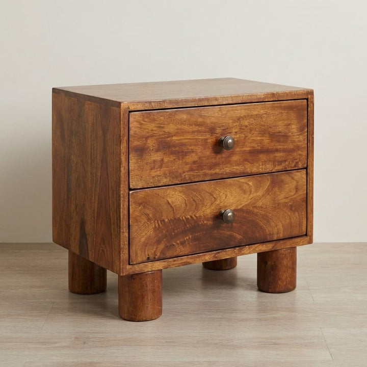 Tula 2 Drawer Chestnut Nightstand - Solid Mango Wood Bedside Table for Bedroom - main view showing handcrafted solid...