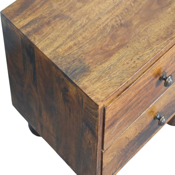 Tula 2 Drawer Chestnut Nightstand - Solid Mango Wood Bedside Table for Bedroom - product view 4 showing handcrafted solid...