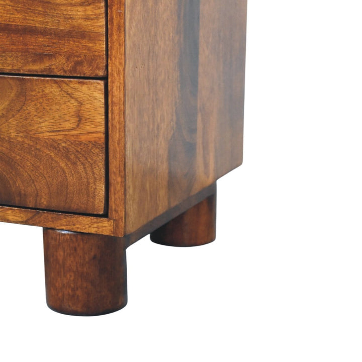 Tula 2 Drawer Chestnut Nightstand - Solid Mango Wood Bedside Table for Bedroom - product view 6 showing handcrafted solid...