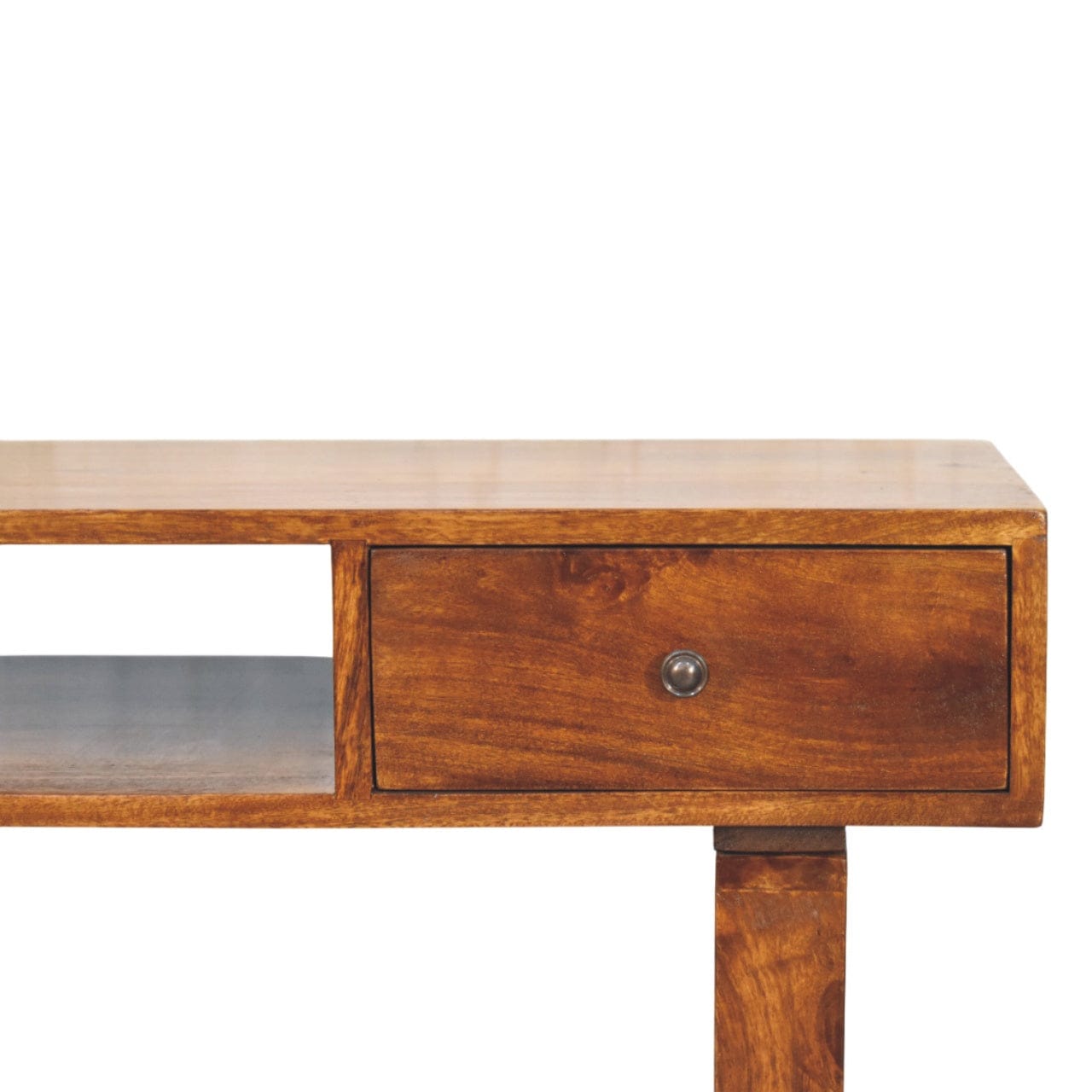 Tula 1 Drawer Chestnut Writing Desk - Solid Mango Wood Writing Table for Home Office - product view 3 showing handcrafted...