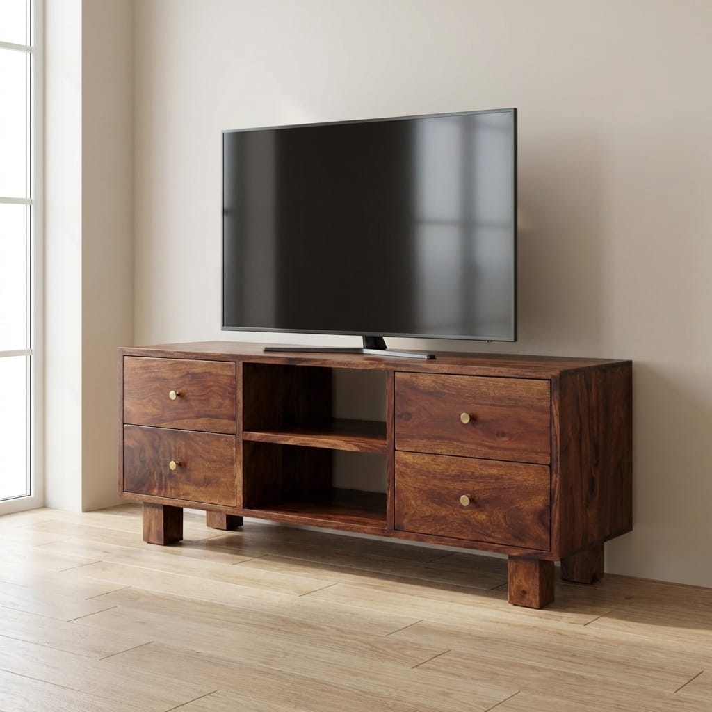 Tula TV Stand - Solid Mango Wood Entertainment Center for Living Room - main view showing handcrafted solid mango wood tv...