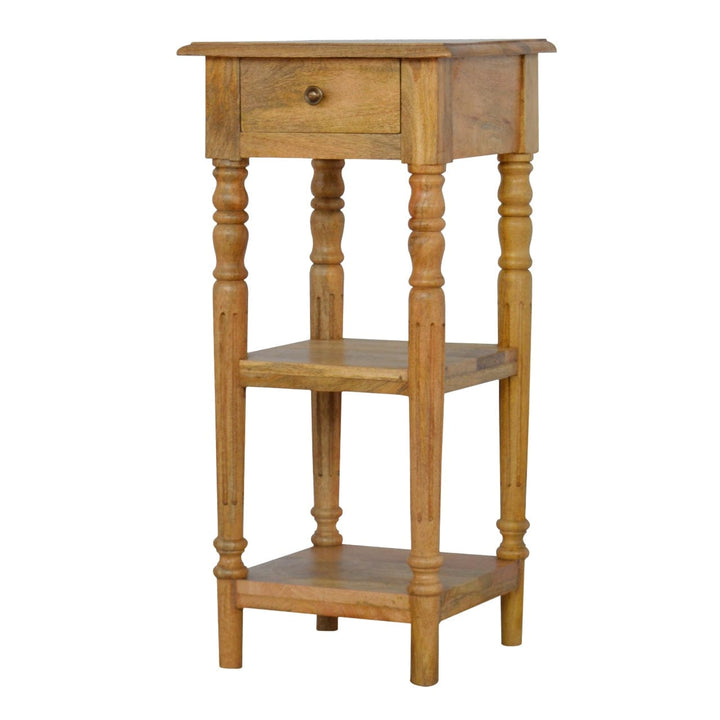 1 Drawer End Table with Shelves in Oak-ish Finish - Solid Mango Wood Side Table - product view 4 showing handcrafted...