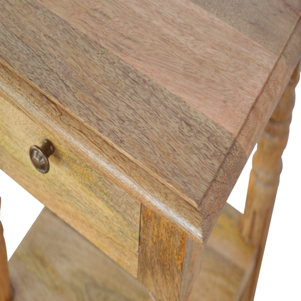 1 Drawer End Table with Shelves in Oak-ish Finish - Solid Mango Wood Side Table - product view 6 showing handcrafted...