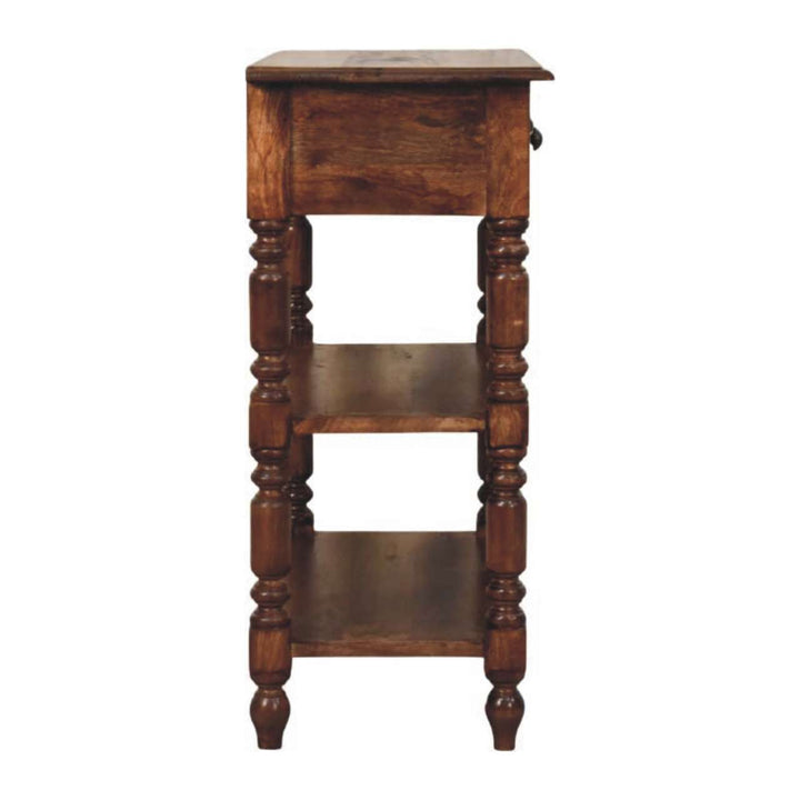 Roasted Almond Turned Leg Side Table in Solid Mango Wood - product view 7 showing handcrafted solid mango wood side table