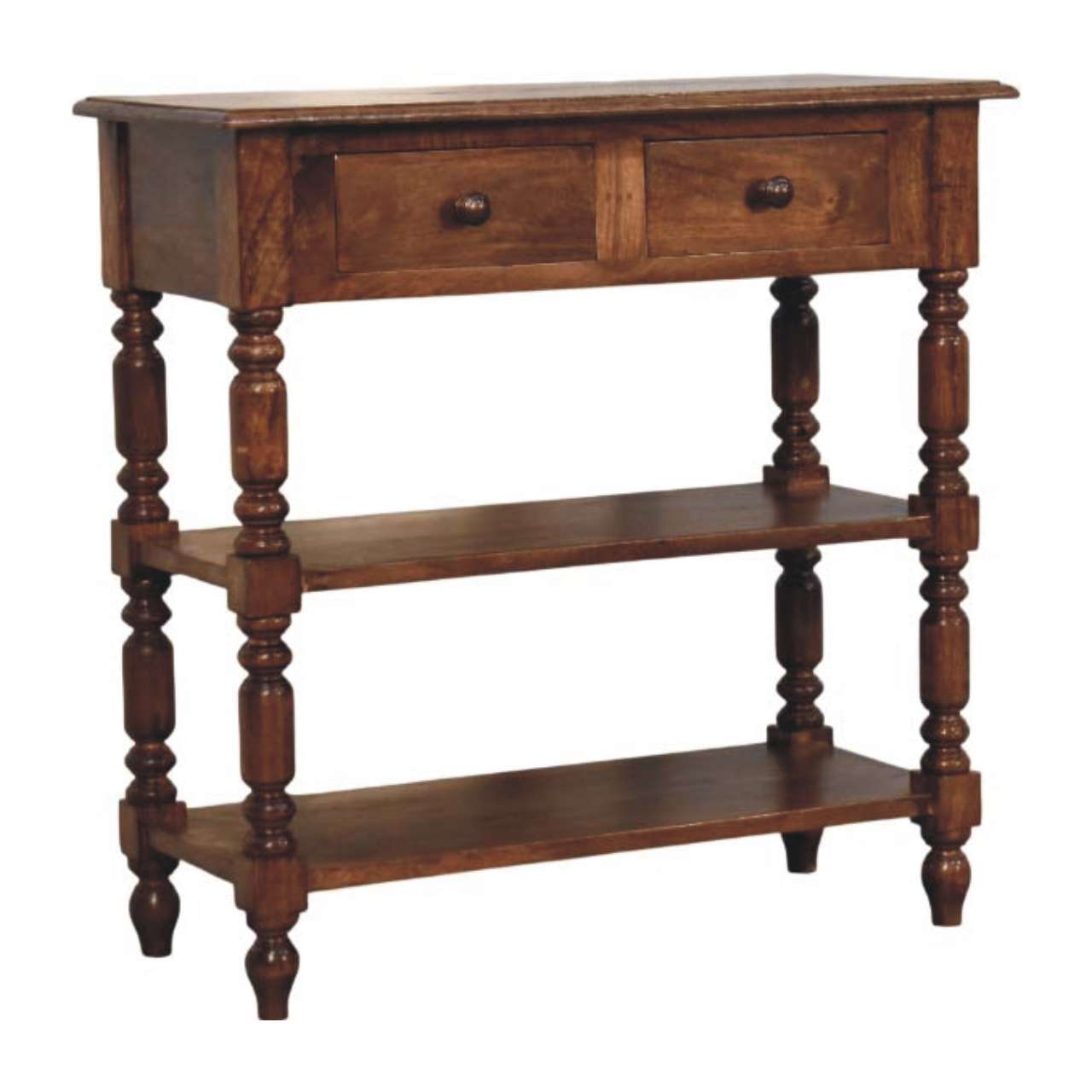 Roasted Almond Turned Leg Side Table in Solid Mango Wood - product view 2 showing handcrafted solid mango wood side table