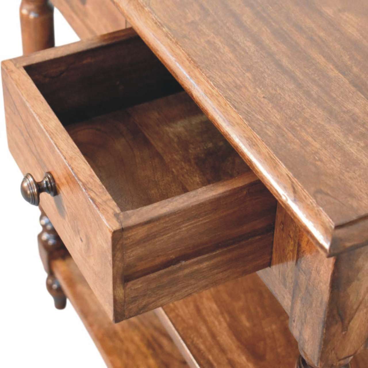 Roasted Almond Turned Leg Side Table in Solid Mango Wood - product view 5 showing handcrafted solid mango wood side table