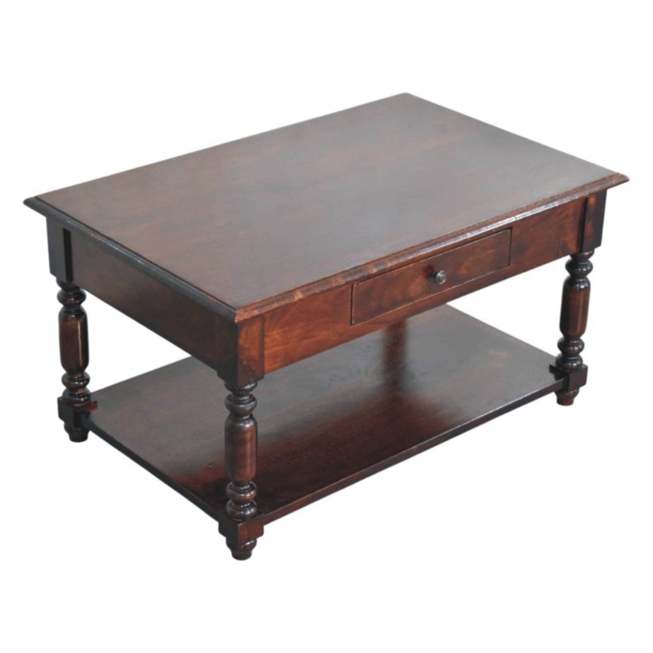 Turned Legs Cherry Coffee Table - Solid Mango Wood Living Room Center Table - product view 9 showing handcrafted solid...