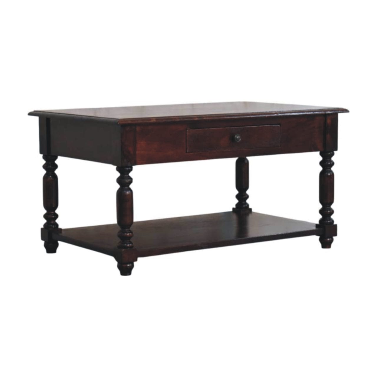 Turned Legs Cherry Coffee Table - Solid Mango Wood Living Room Center Table - product view 3 showing handcrafted solid...