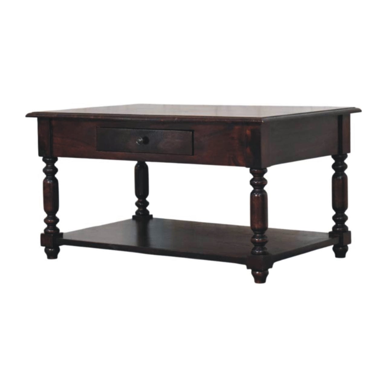 Turned Legs Cherry Coffee Table - Solid Mango Wood Living Room Center Table - product view 2 showing handcrafted solid...
