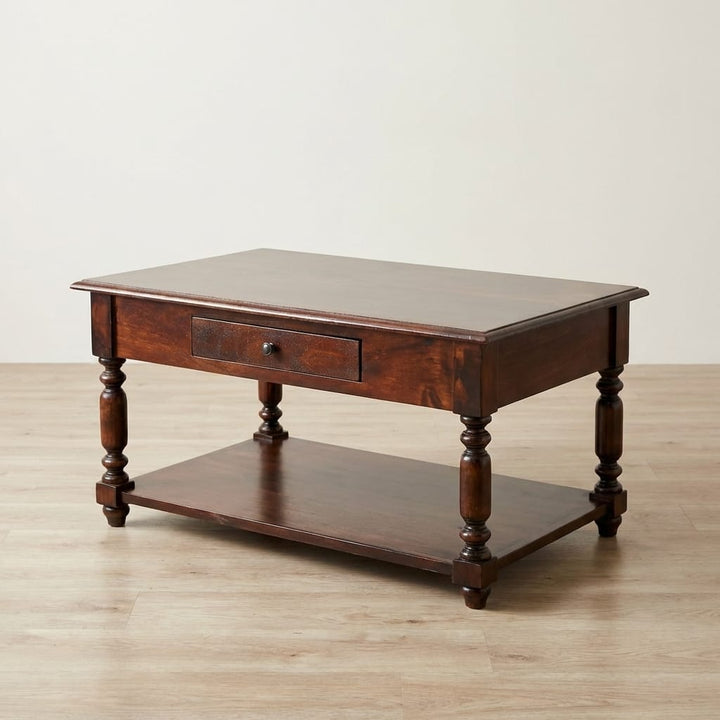Turned Legs Cherry Coffee Table - Solid Mango Wood Living Room Center Table - main view showing handcrafted solid mango...