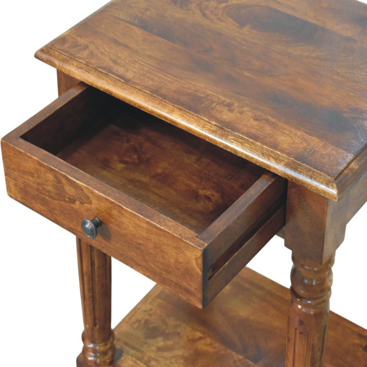 Turned Legs Chestnut 1 Drawer End Table - Solid Mango Wood Side Table for Living Room - product view 6 showing...