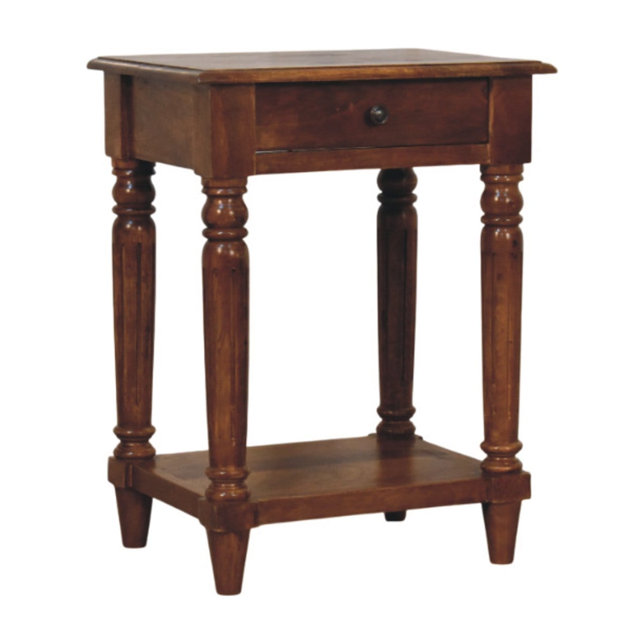Turned Legs Chestnut 1 Drawer End Table - Solid Mango Wood Side Table for Living Room - product view 2 showing...