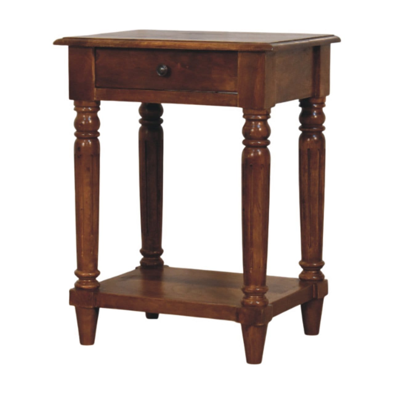 Turned Legs Chestnut 1 Drawer End Table - Solid Mango Wood Side Table for Living Room - product view 3 showing...