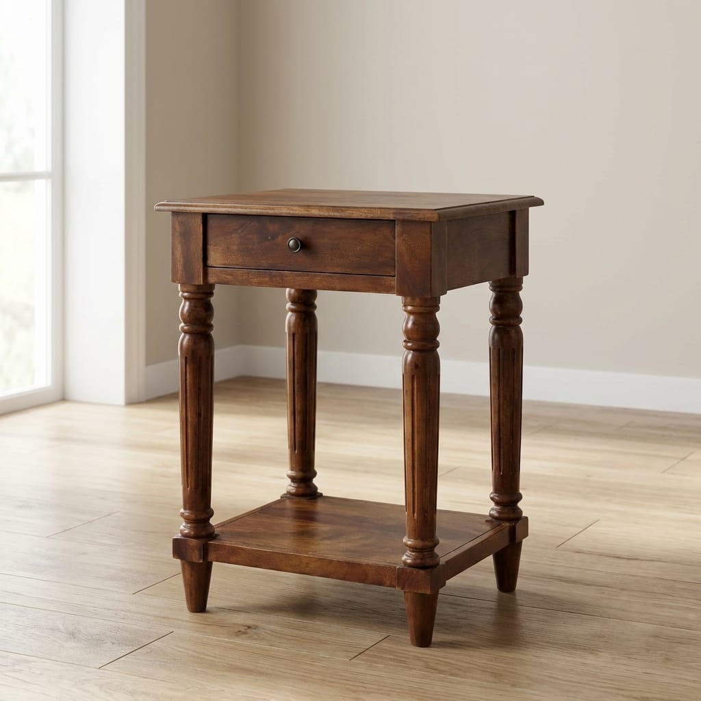 Turned Legs Chestnut 1 Drawer End Table - Solid Mango Wood Side Table for Living Room - main view showing handcrafted...