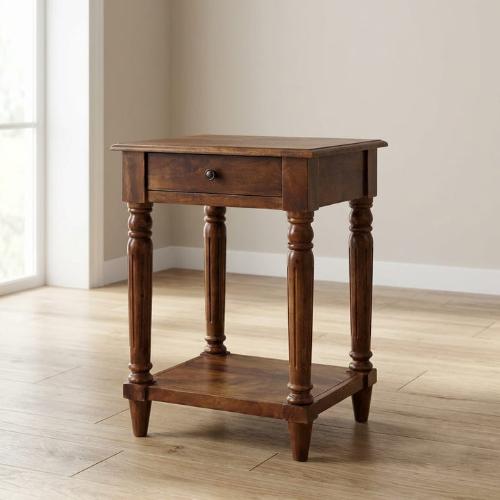Turned Legs Chestnut 1 Drawer End Table - Solid Mango Wood Side Table for Living Room - main view showing handcrafted...