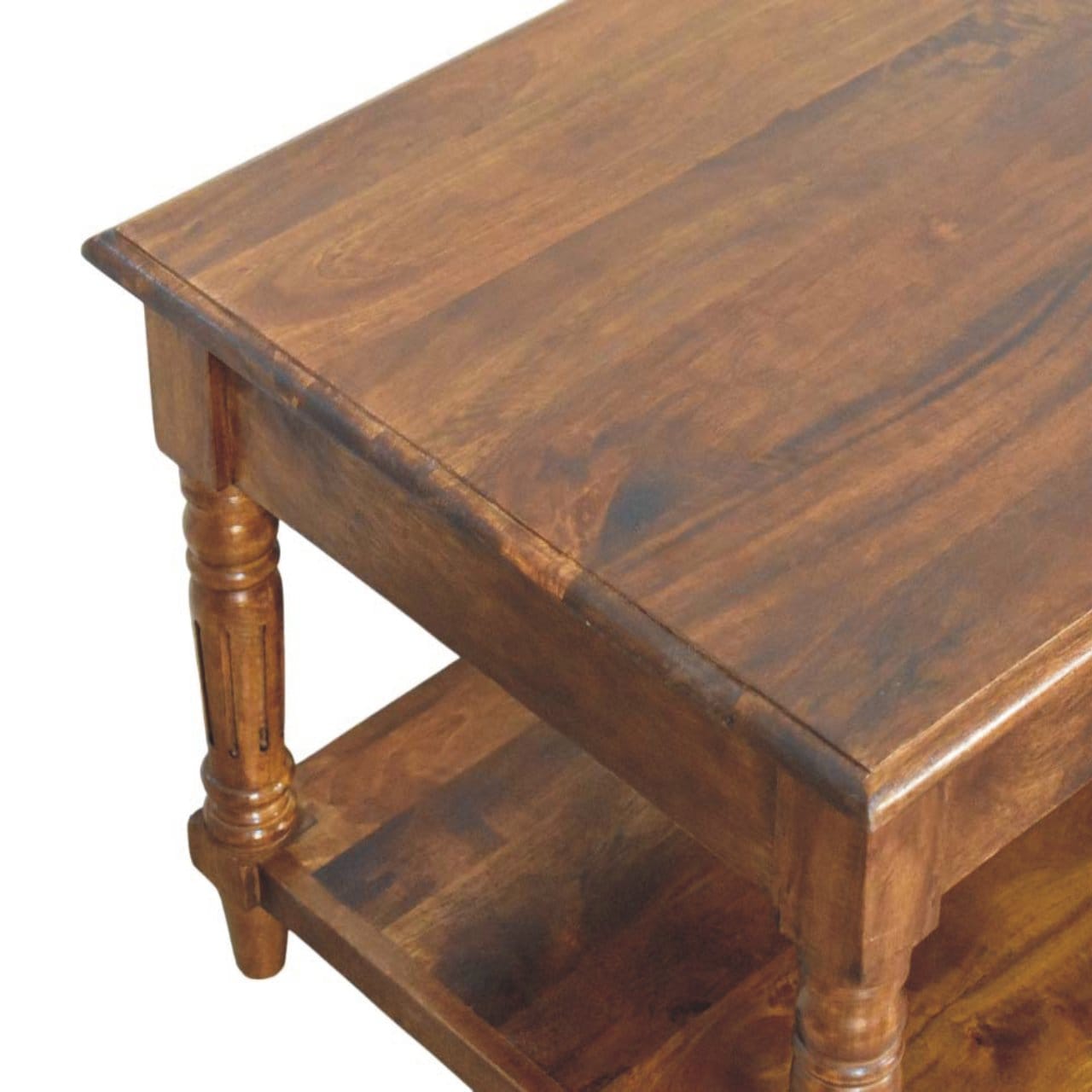 Turned Legs Chestnut 2 Drawer Coffee Table - Solid Mango Wood Center Table for Living Room - product view 5 showing...