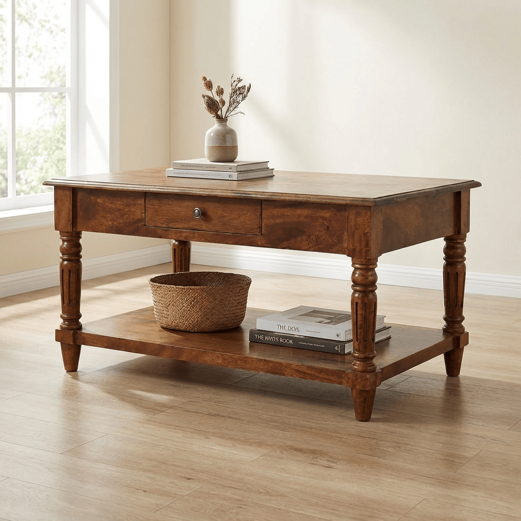 Turned Legs Chestnut 2 Drawer Coffee Table - Solid Mango Wood Center Table for Living Room - main view showing...