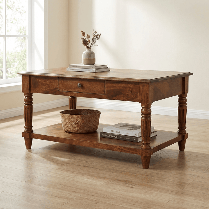 Turned Legs Chestnut 2 Drawer Coffee Table - Solid Mango Wood Center Table for Living Room - main view showing...