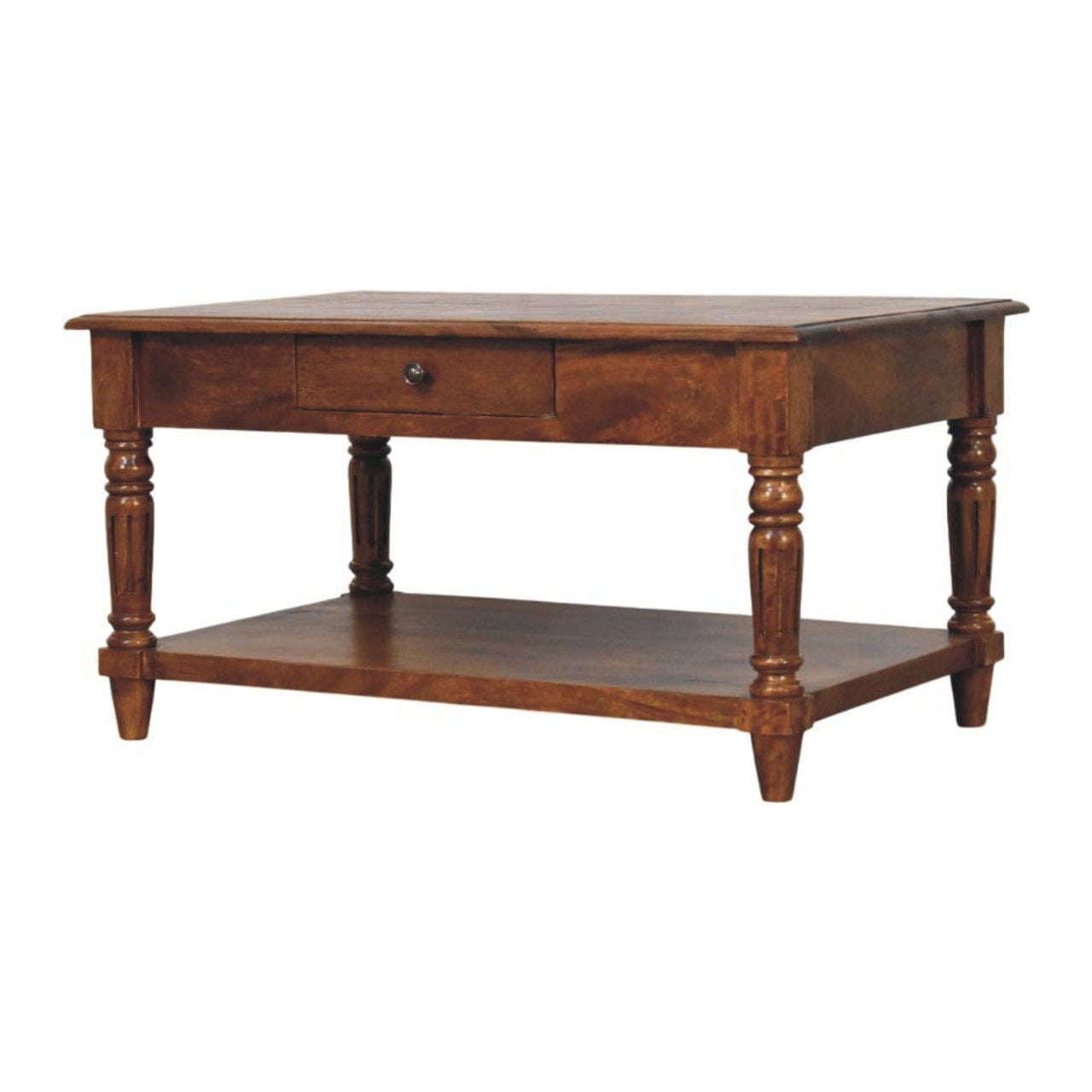 Turned Legs Chestnut 2 Drawer Coffee Table - Solid Mango Wood Center Table for Living Room - product view 2 showing...