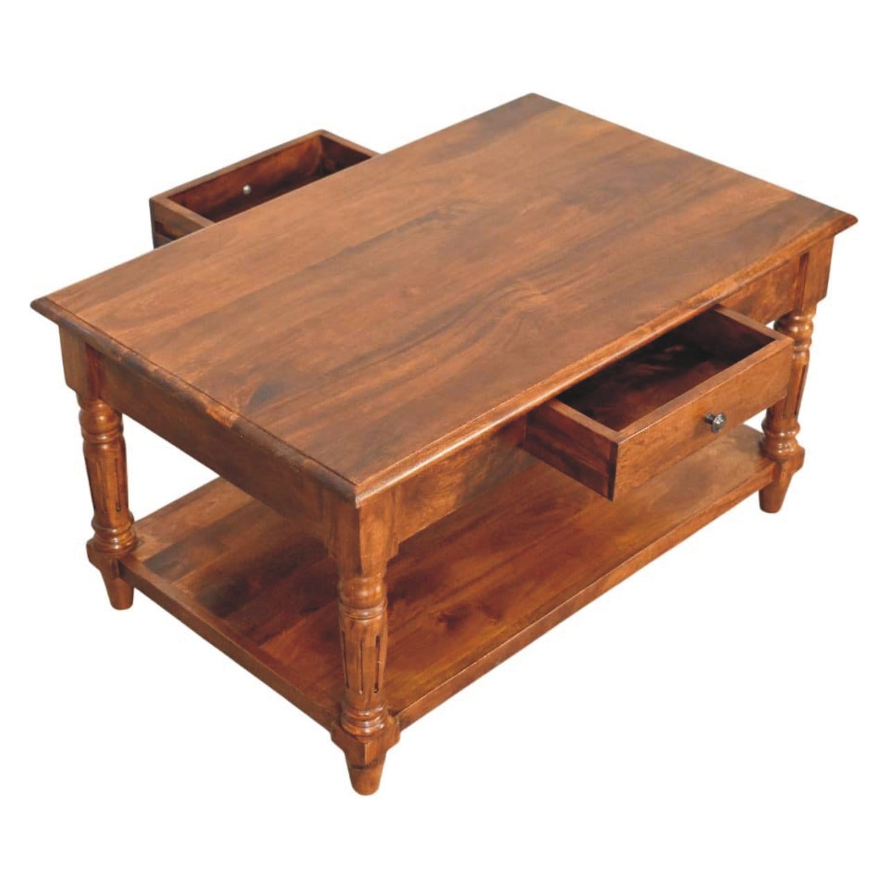 Turned Legs Chestnut 2 Drawer Coffee Table - Solid Mango Wood Center Table for Living Room - product view 7 showing...