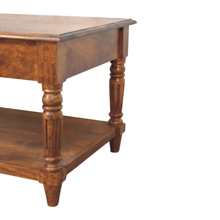 Turned Legs Chestnut 2 Drawer Coffee Table - Solid Mango Wood Center Table for Living Room - product view 8 showing...