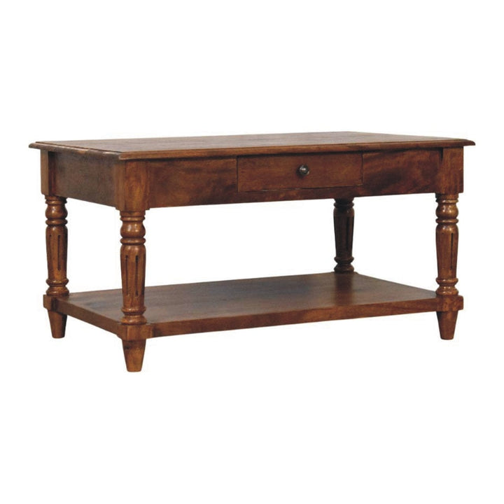 Turned Legs Chestnut 2 Drawer Coffee Table - Solid Mango Wood Center Table for Living Room - product view 3 showing...