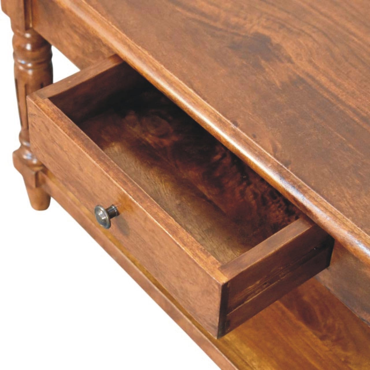 Turned Legs Chestnut 2 Drawer Coffee Table - Solid Mango Wood Center Table for Living Room - product view 6 showing...
