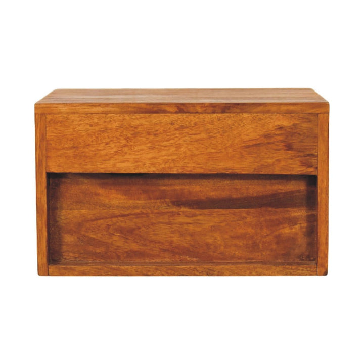 Turned Pillar Wall Nightstand - Solid Mango Wood Floating Bedside Table in Tiger Oak - product view 9 showing handcrafted...