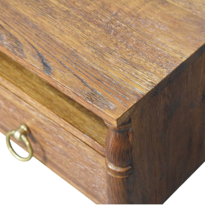 Turned Pillar Wall Nightstand - Solid Mango Wood Floating Bedside Table in Tiger Oak - product view 7 showing handcrafted...