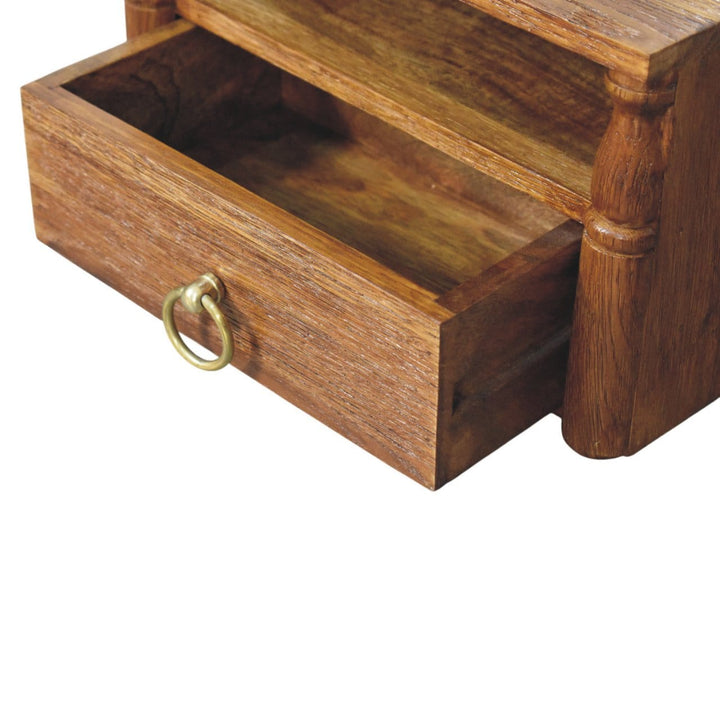 Turned Pillar Wall Nightstand - Solid Mango Wood Floating Bedside Table in Tiger Oak - product view 6 showing handcrafted...