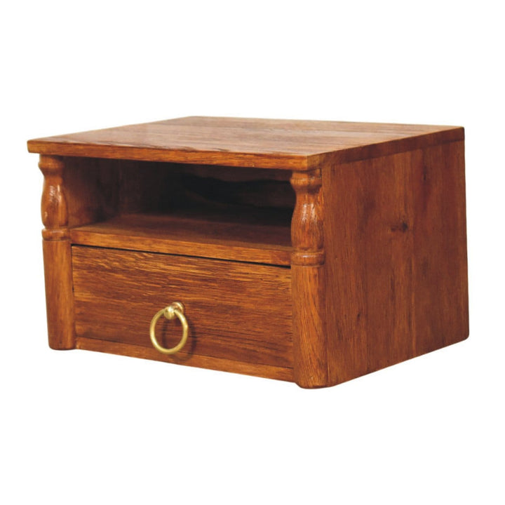Turned Pillar Wall Nightstand - Solid Mango Wood Floating Bedside Table in Tiger Oak - product view 3 showing handcrafted...