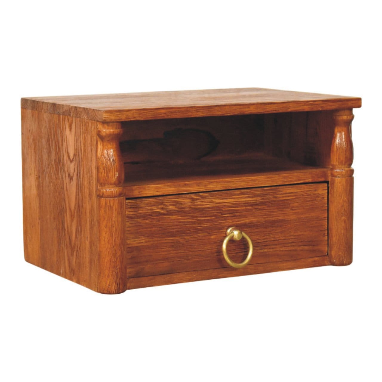 Turned Pillar Wall Nightstand - Solid Mango Wood Floating Bedside Table in Tiger Oak - product view 2 showing handcrafted...