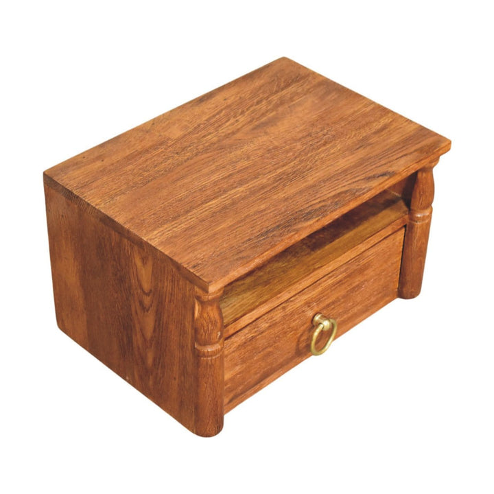 Turned Pillar Wall Nightstand - Solid Mango Wood Floating Bedside Table in Tiger Oak - product view 5 showing handcrafted...