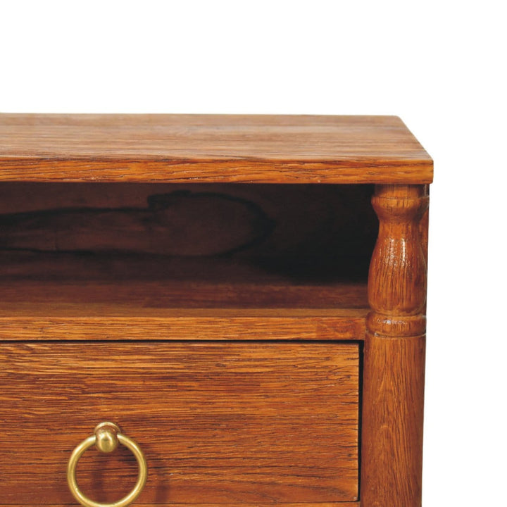 Turned Pillar Wall Nightstand - Solid Mango Wood Floating Bedside Table in Tiger Oak - product view 4 showing handcrafted...