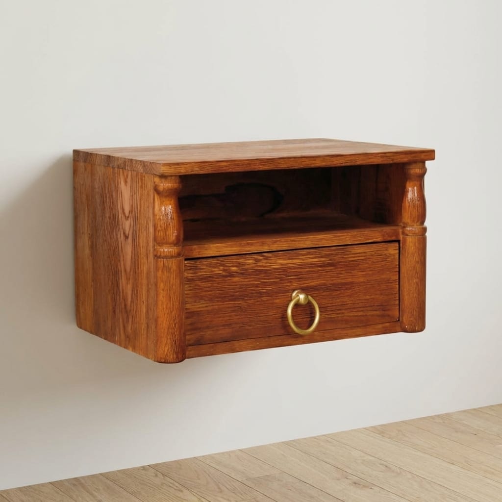 Turned Pillar Wall Nightstand - Solid Mango Wood Floating Bedside Table in Tiger Oak - main view showing handcrafted...