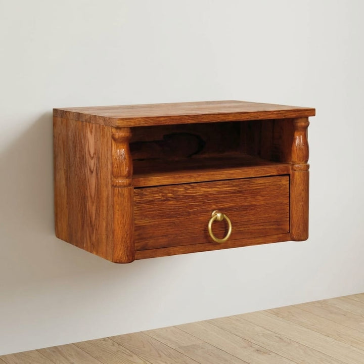 Turned Pillar Wall Nightstand - Solid Mango Wood Floating Bedside Table in Tiger Oak - main view showing handcrafted...
